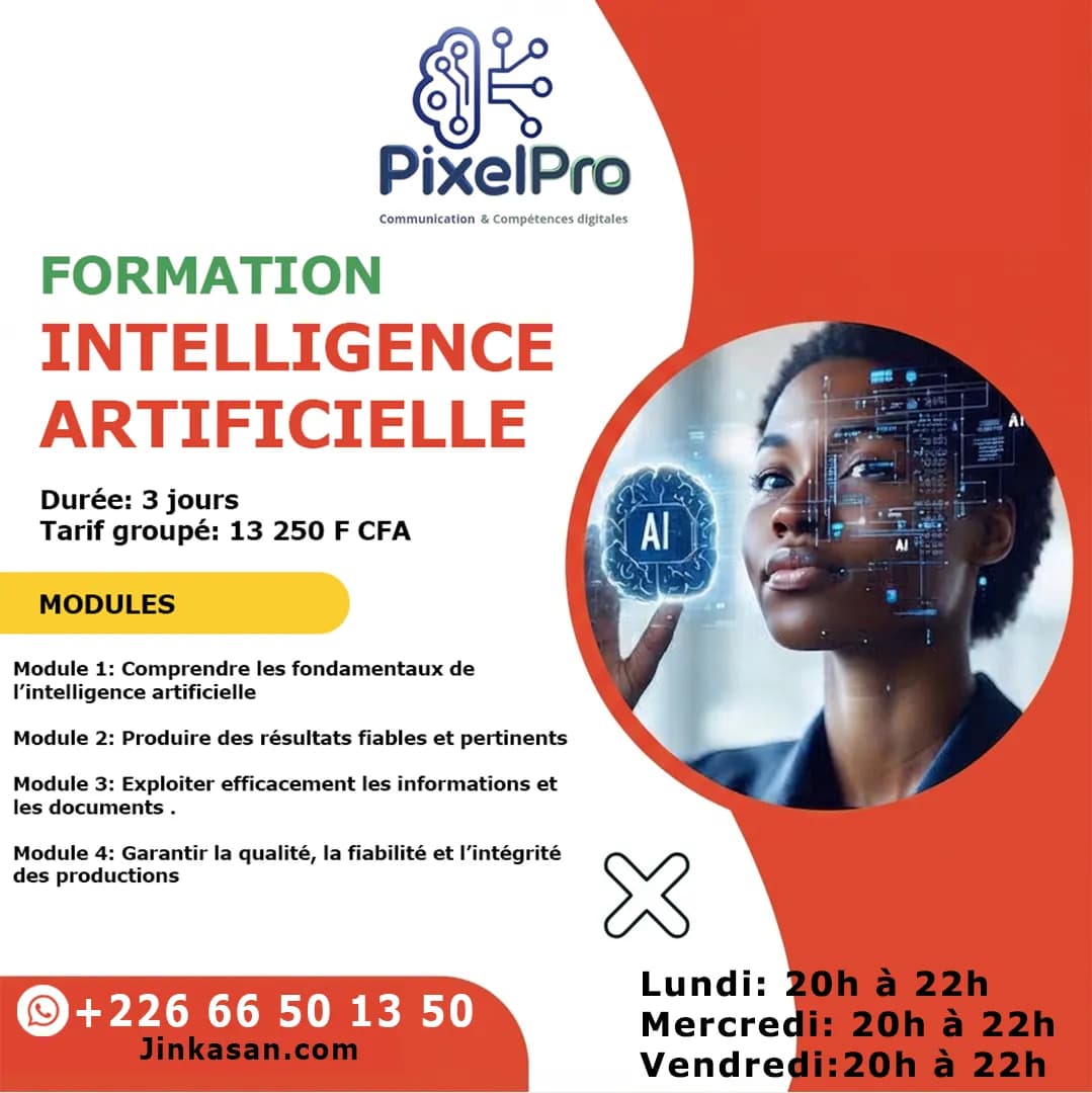 Affiche de la formation en intelligence artificielle de PixelPro : trois jours, tarif groupé de 13 250 F, quatre modules, séances du soir