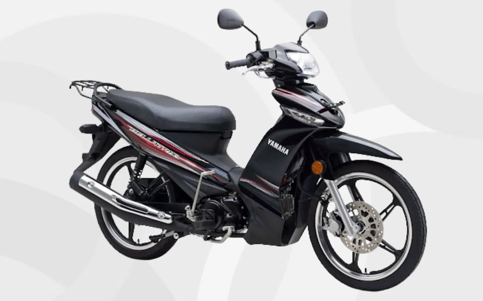 Moto Yamaha noire à filets rouges, vue de trois quarts