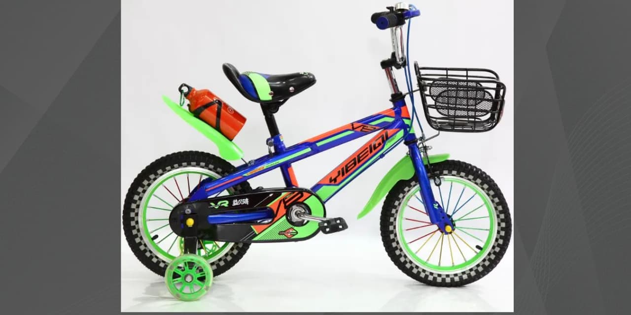 Vélo pour enfant Tandeyian bleu à garde-boue verts, avec panier avant et roues stabilisatrices