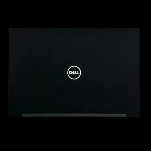 Ordinateur portable Dell Latitude fermé, capot noir au logo Dell, vu de dessus