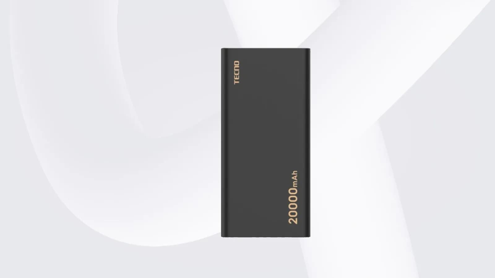 Batterie externe Tecno noire de 20 000 mAh, vue de face
