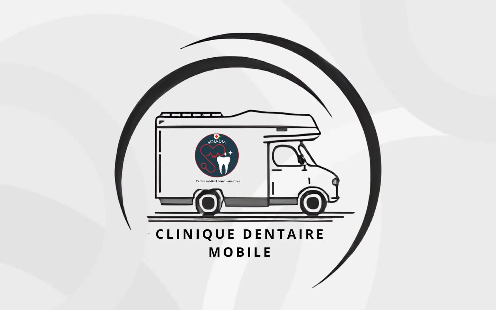 Dessin au trait d'un camping-car portant une dent, avec l'inscription « Clinique dentaire mobile »